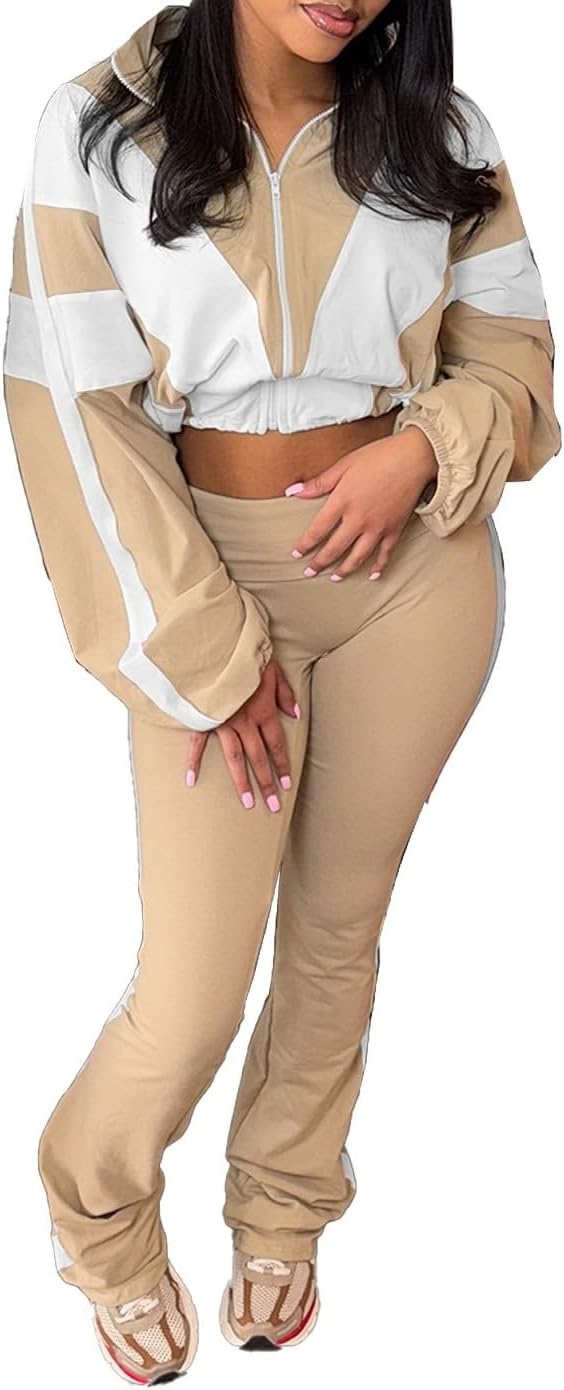Women's 80s Color Block Tracksuit 2 Piece Outfit Zip Up Crop Jacket and Bodycon Pants Set Long Sleeve Sweatsuit