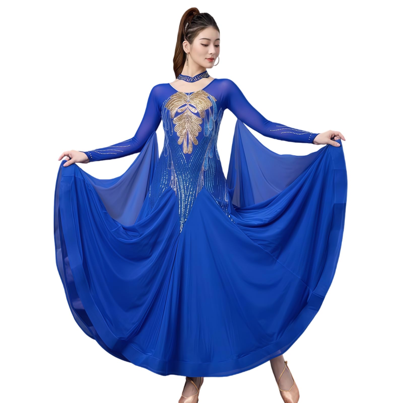 Tytyozay Women's Standard Ballroom Dance Gown, Long Sleeve Round Neck Practice Costume Elegant Rhinestone Sequin Dress with Flowing Chiffon Skirt for Waltz Tango Foxtrot Competition,Blue,XXL