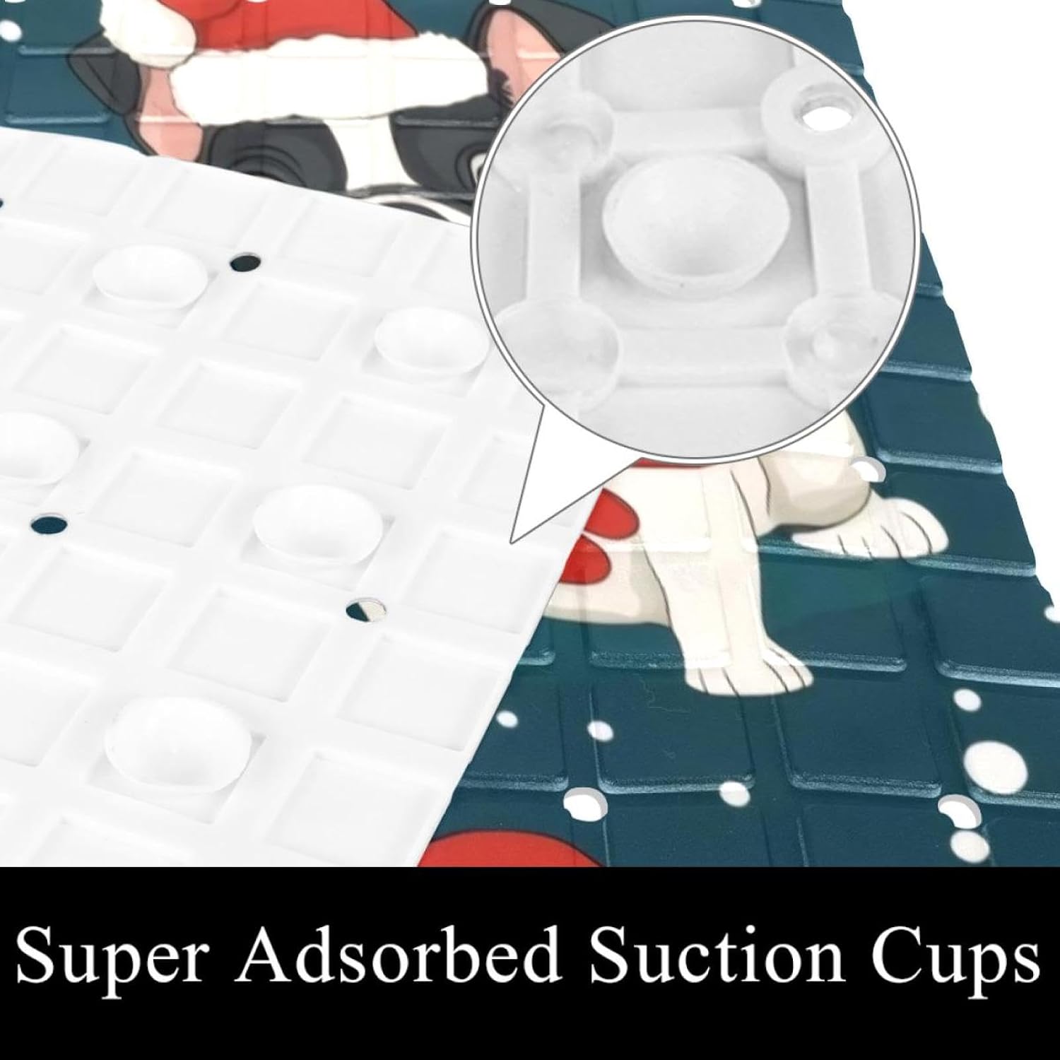 Cute Cartoon Christmas French Bulldogs Bath Tub and Shower Mats, Non Slip Bathmat with Drain Holes and Suction Cups for Bathroom Floor, 15.1 x 26.8 Inch
