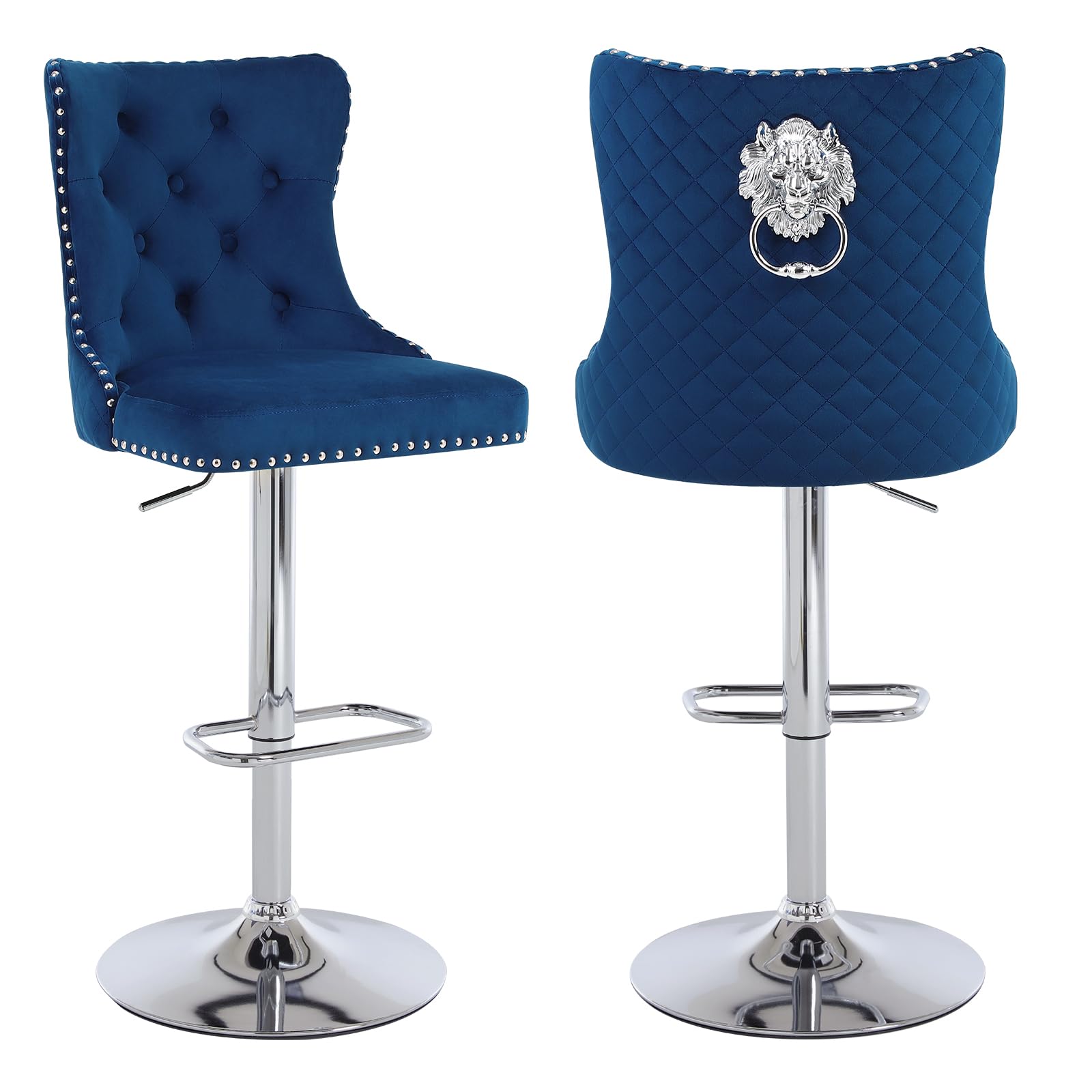 Orirsnug Bar Stool Set of 2 Modern Tufted Backrest with Ring Pull, Velvet Adjustable Swivel High Bar Stools Chrome Base Upholstered Barstool Chair for