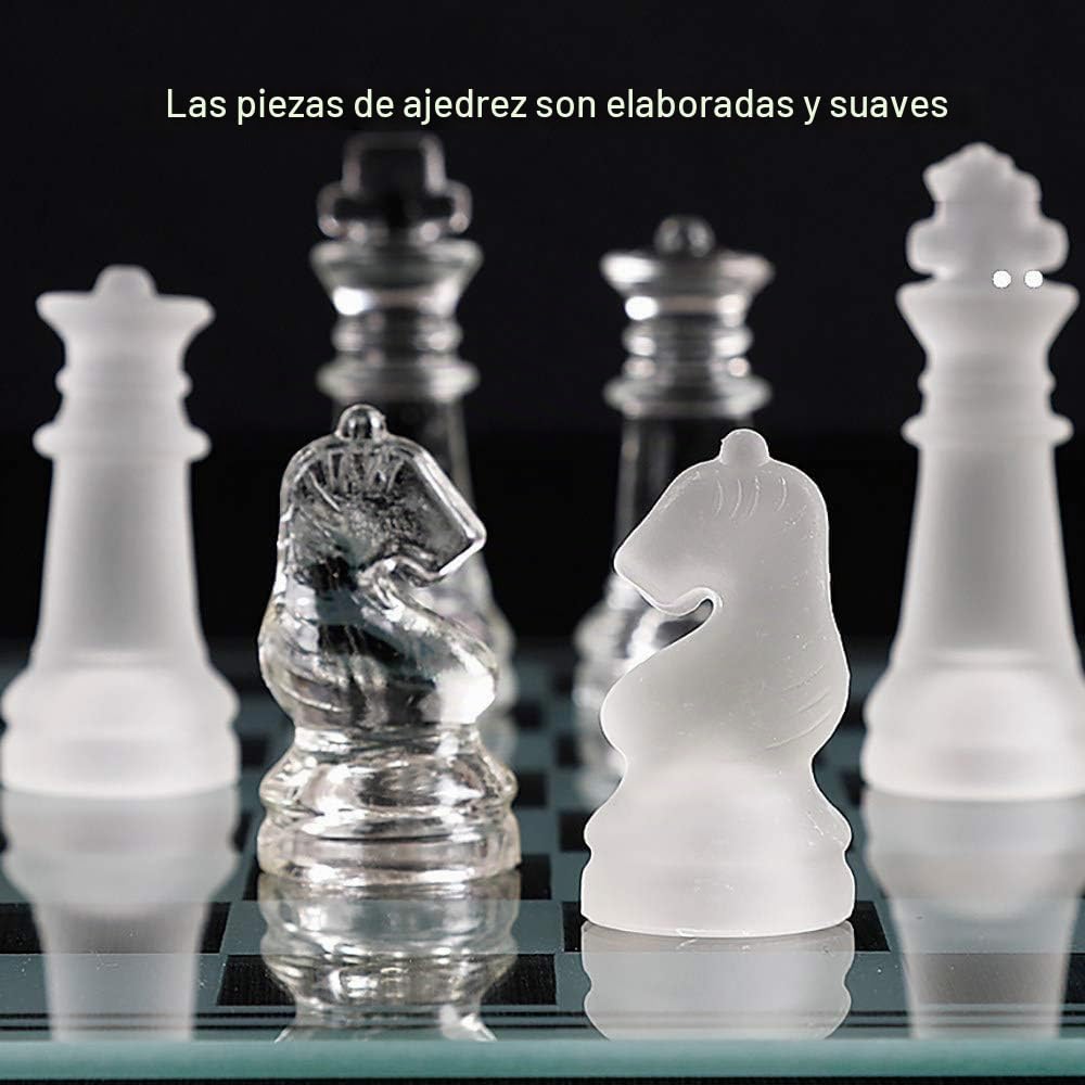 Elegante juego de ajedrez de cristal - cristal templado transparente y esmerilado, piezas con incrustaciones de franela resistente a los arañazos, bandeja a cuadros antideslizante, juego mental