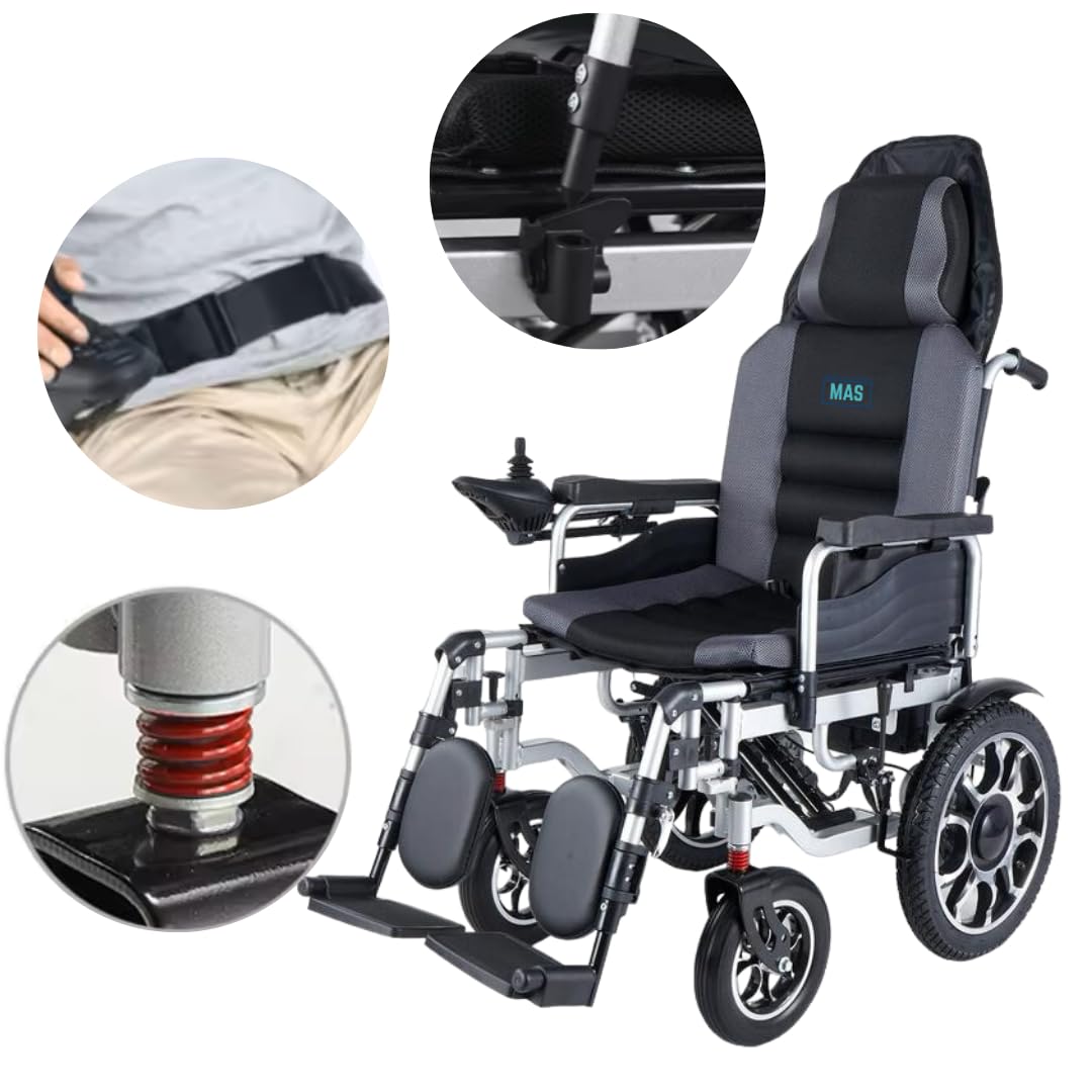 Silla de Ruedas electrica Reclinable con Reposacabezas, Silla de Ruedas Electrica Plegable Ligera Adultos, MAS Mobility Aid Social, Marca Española, Silla de ruedas eléctrica con amortiguadores, 25 Km