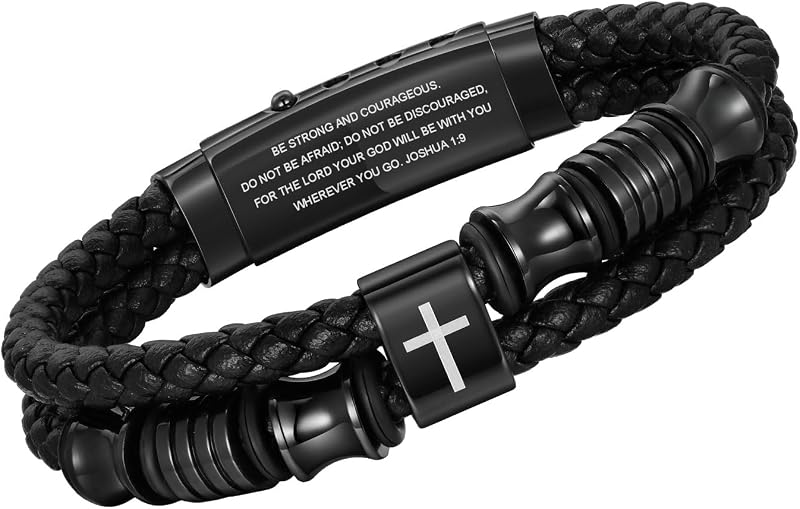 Christian Black Leather Bracelet for Men, Braided Leather Cross Adjustable | Bible Verse Engraving; Stainless Steel Accent; Faith Gift; Encouragement Gift; Daily Wristwear