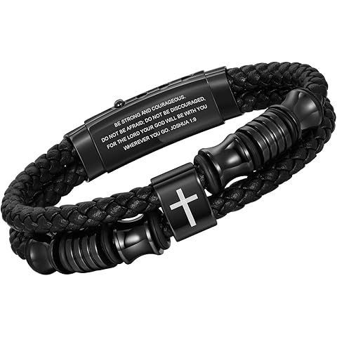 TempBeau Christian Black Leather Bracelet for Men - Double-Row Braided Leather Faith Cross Bracelets for Men Jewelry Gift Religious Baptism Easter Gifts for Young Men Teenage,Adjustable Wristband