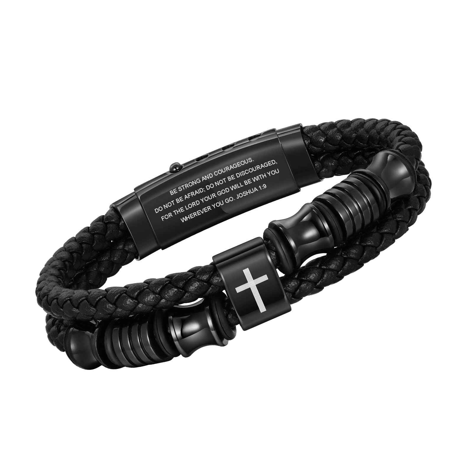 TempBeau Christian Black Leather Bracelet for Men Double-Row Braided  Leather Faith Cross Bracelets for Men Jewelry Gift Religious Baptism Easter