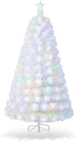Miniatura 8 de HAPPYGRILL Árbol de Navidad preiluminado de 6 pies, árbol de Navidad artificial con 230 puntas de rama, 30 luces de estrella blancas cálidas, fibra
