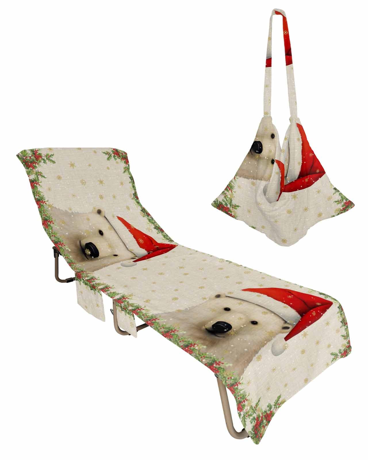 Christmas Bear Beach Lounge Chair Towel Cover, Soft Chaise Lounge Towel with Side Pockets Patio Pool Chairs Cover for Beach/Pool Sunbathing 29x85 Xmas Winter Snowflake Berry Rustic