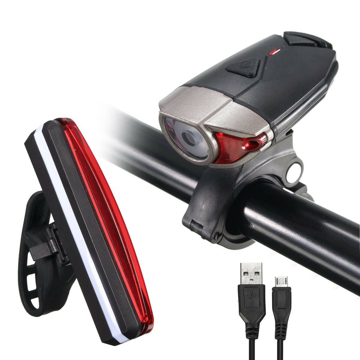 WnewTools Bike Light Set Ultra Bright 3 Modes Front Headlight 5 Modes LED Tail Lamp USB Rechargeable for Electric Bike Scooter Motorcycle