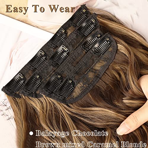 Nayoo Clip In Long Wavy Hair Extensions For Women 4Pcs Curly Synthetic Thick Hairpieces With Fiber Double Weft Hair Full Head（20 Inch, Balayage Chocolate Brown Mixed Caramel Blonde） #TOP2
