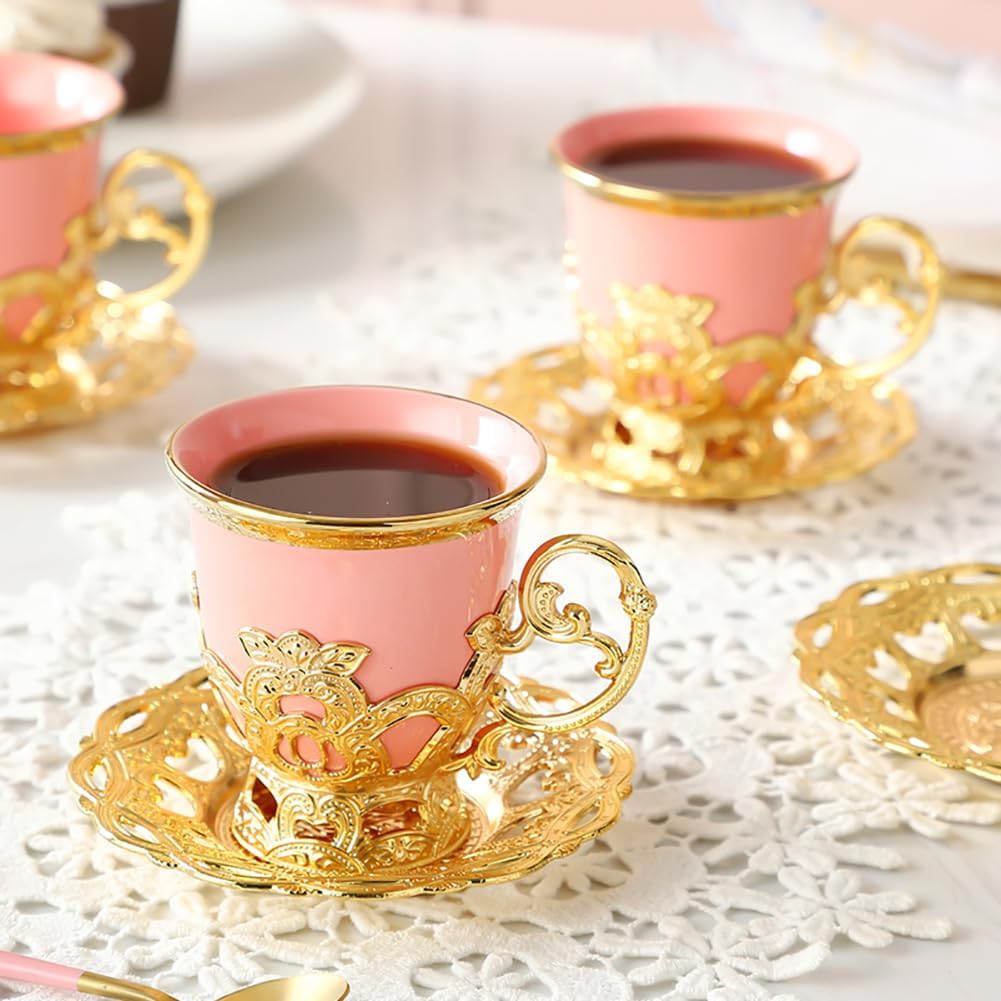 Noviko Turkish Tea Cups Ceramic Espresso Cups Set of 6, Turkish Tea Set Turkish Coffee Cup Set (3oz, Pink)