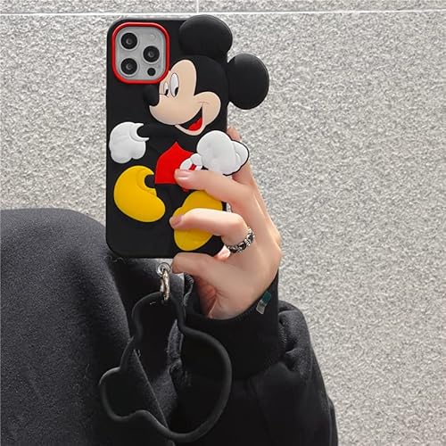 Iphone 14 Pro Max Case, Soft Silicone Cover For Apple Iphone14Promax 6.7 2022 Mickey Mouse With Ring Strap Lanyard Black Disney Anime 3D Cartoon Cute Lovely Adorable Kids Girls Children Women Boys #TOP1