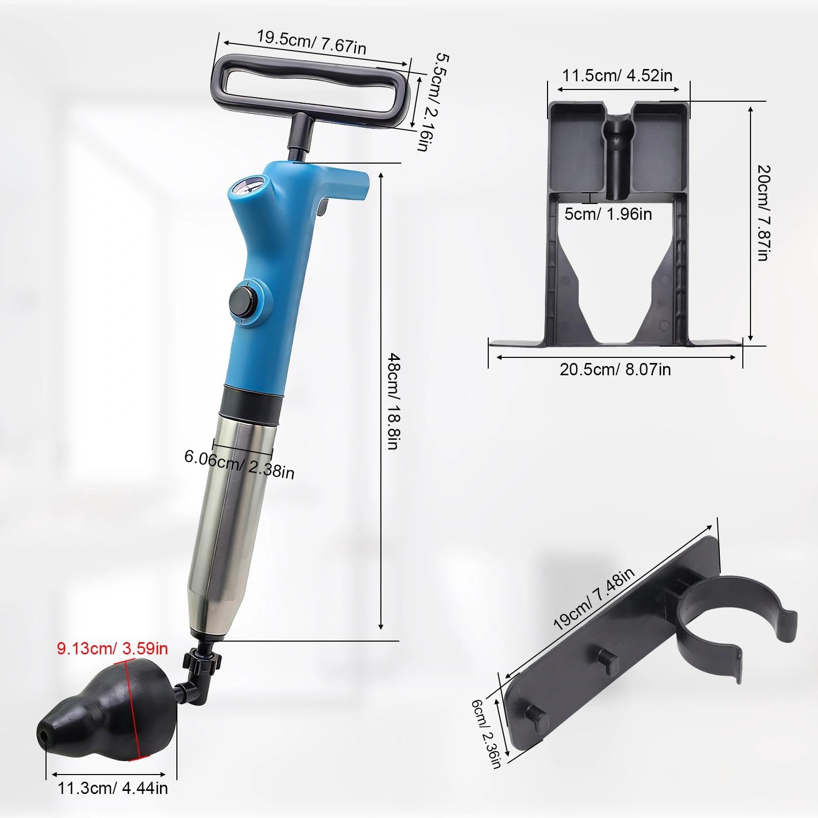 Rohrreinigungspumpe mit Manometer, Pressluft Rohrreiniger mit 2-Stufen-Drucksystem, Abflussreiniger Pumpe mit Adapter, Druckluft Rohrreiniger für Toilette und Abflussrohre