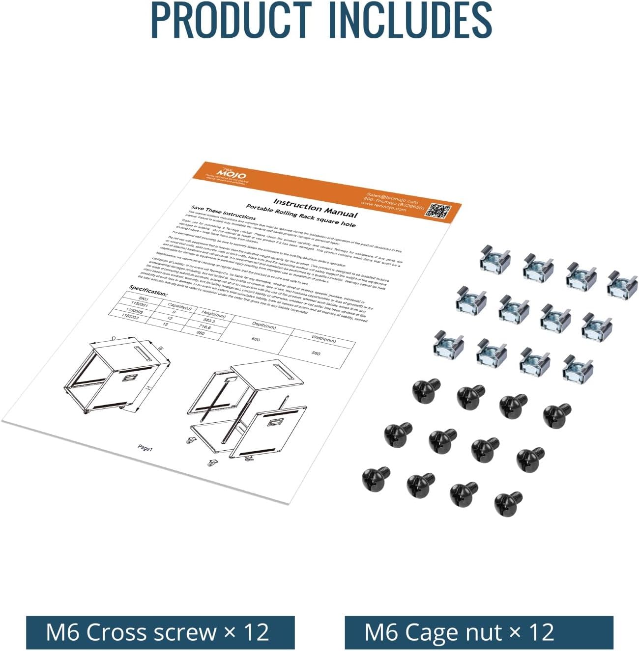 Components included with the Tecmojo 9U Portable Rolling Network Rack: instruction manual, M6 cross screws, and M6 cage nuts