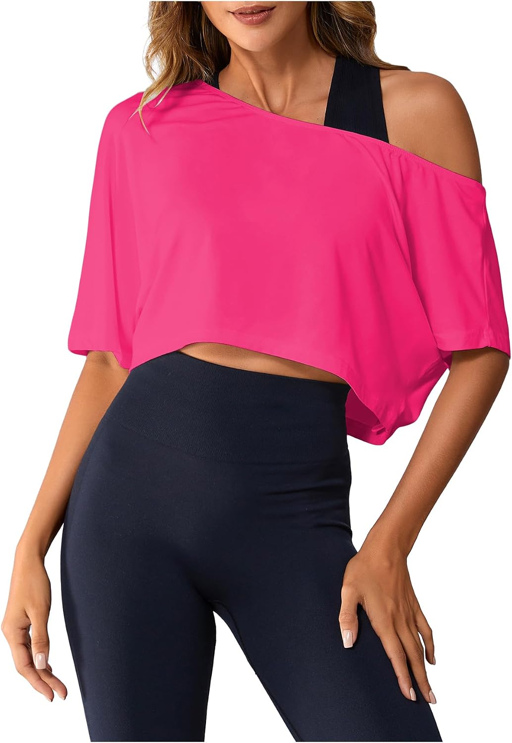 SOLY HUX Women's Off The Shoulder Yoga Workout Crop Top Activewear T Shirt | Asymmetrical Neck Half Sleeve, Casual, Tee Top