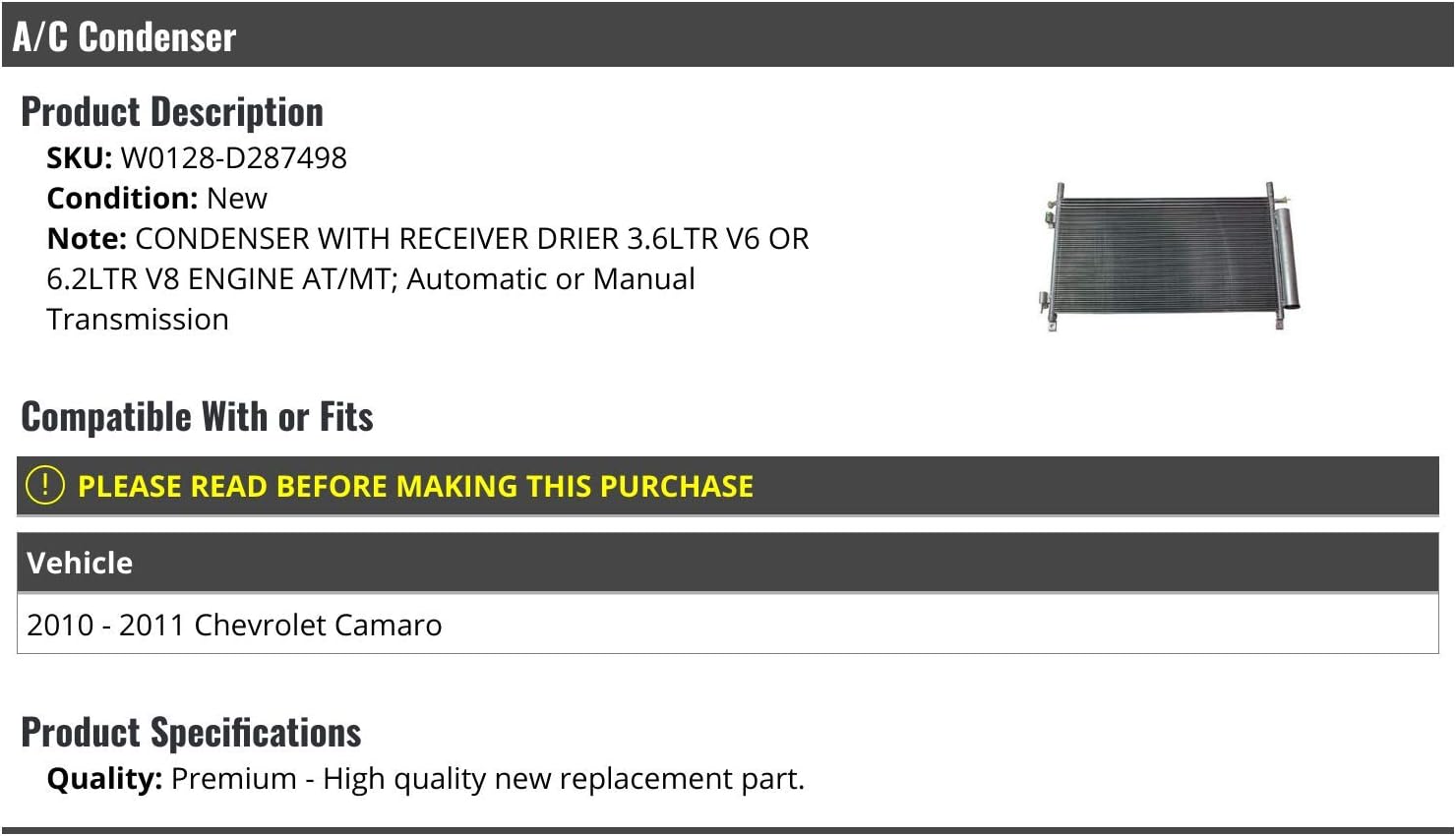 A/C Condenser with Receiver/Drier - Compatible with 2010-2011 Chevy Camaro 3.6L V6 or 6.2L V8