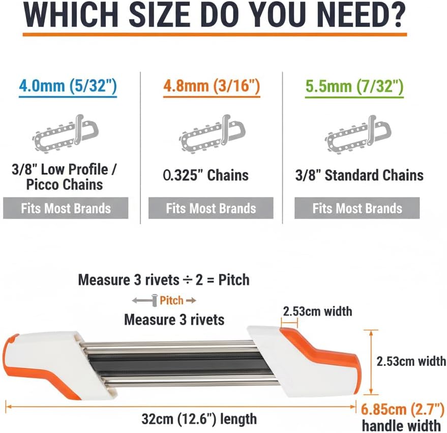 2 in1 Chainsaw Sharpener with Precise Depth Gauge Control - Prevents Over-Filing, Easy File Chain Sharpening Tool, 3 Size Options (4.0/4.8/5.5mm), Universal Fit, Orange & White（4.8mm）