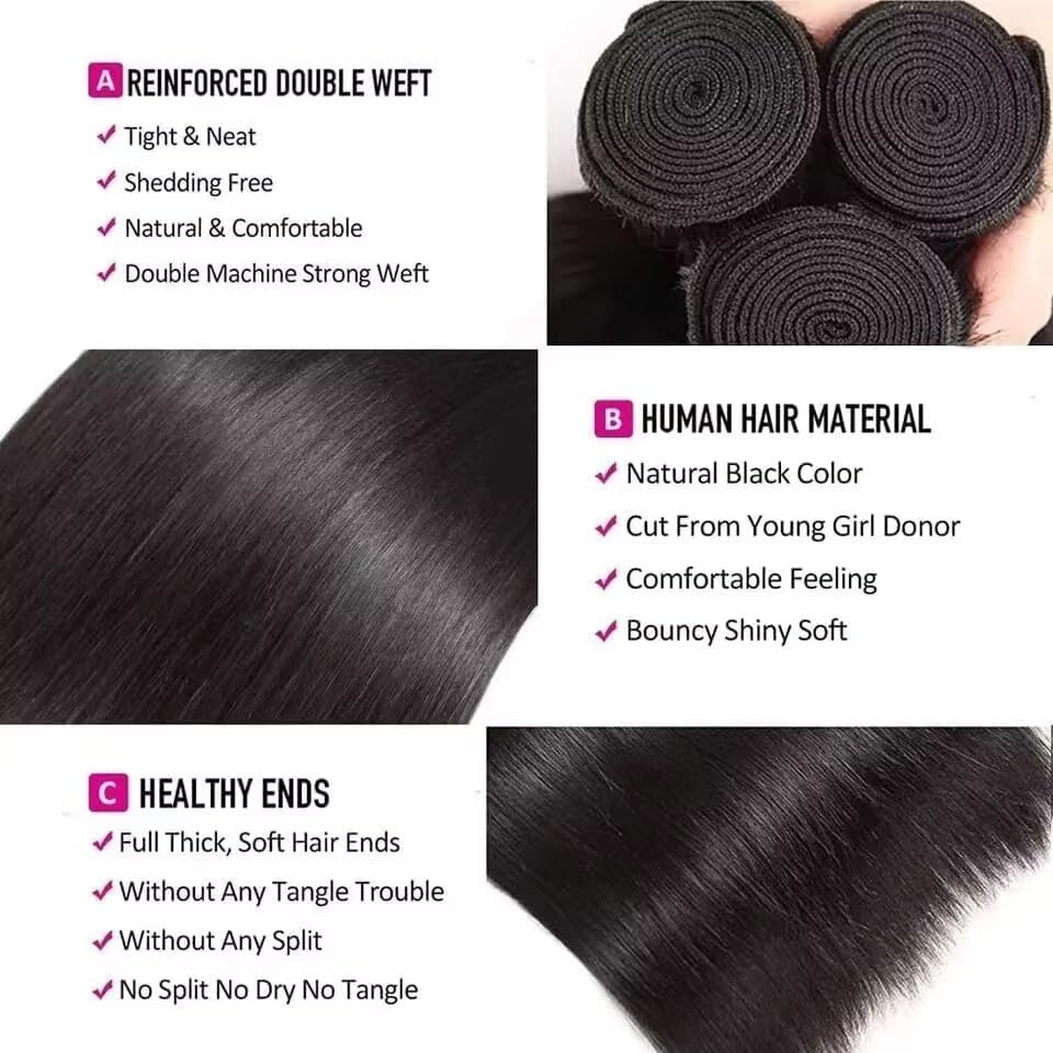 Human Hair Bundles 12A Brazilian Straight Human Hair Bundles 100% Unprocessed Remy Straight Weave Bundles Human Hair Double Weft Hair Bundles 95-100g Natural Color 22 Inch - Image 2