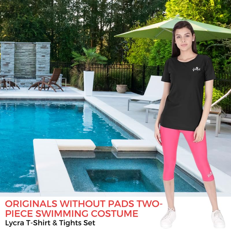 FILMAX® Originals Women Spandex Lycra Solid T-Shirt & Tights Set Swimming Costume (4682x4686_Black & Caramel_7XL)