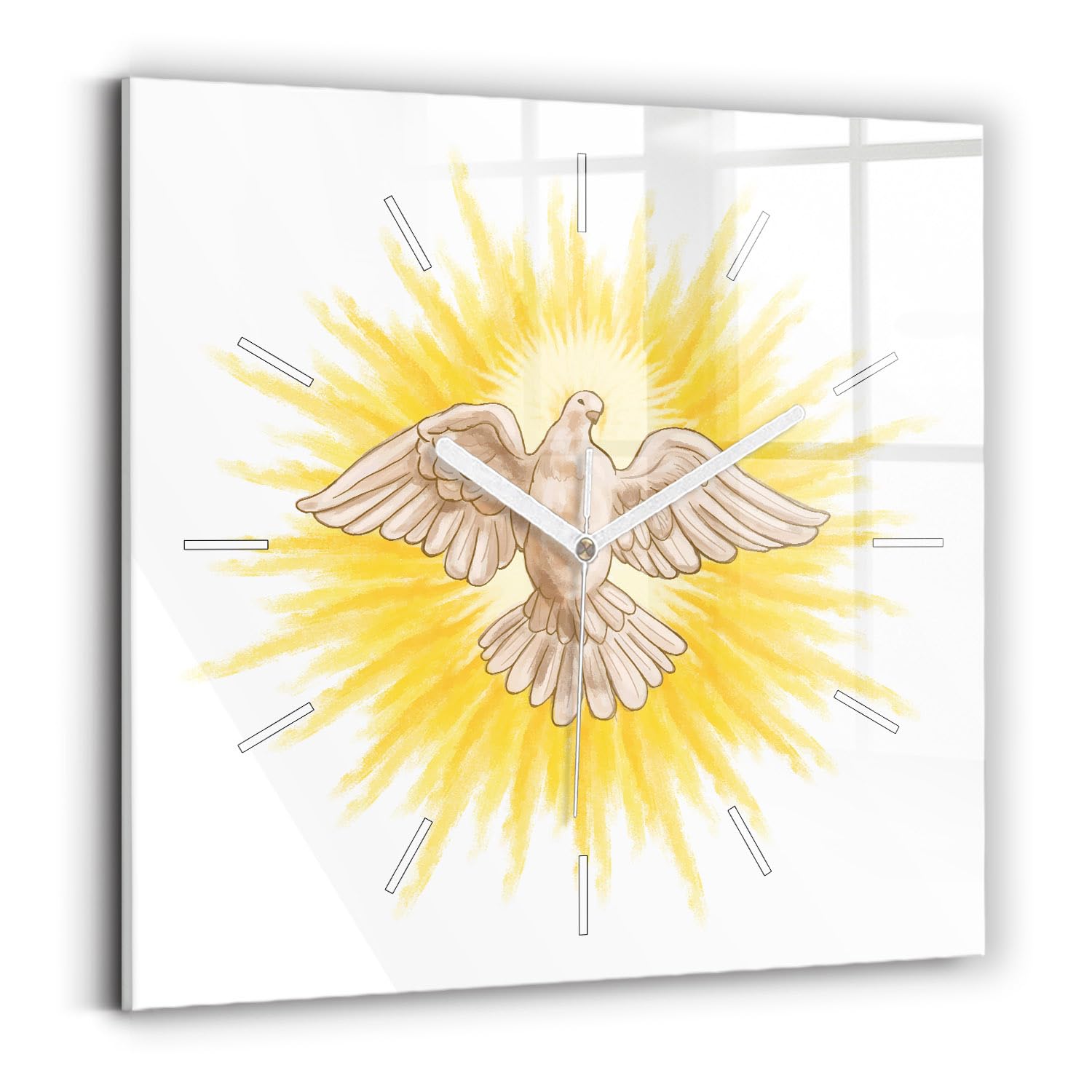 Sacroarte 30x30cm Funcionamiento silencioso Reloj de Vidrio Biblia Fe Manecillas de Reloj Blancas - Gráficos de la Paloma del Espíritu Santo