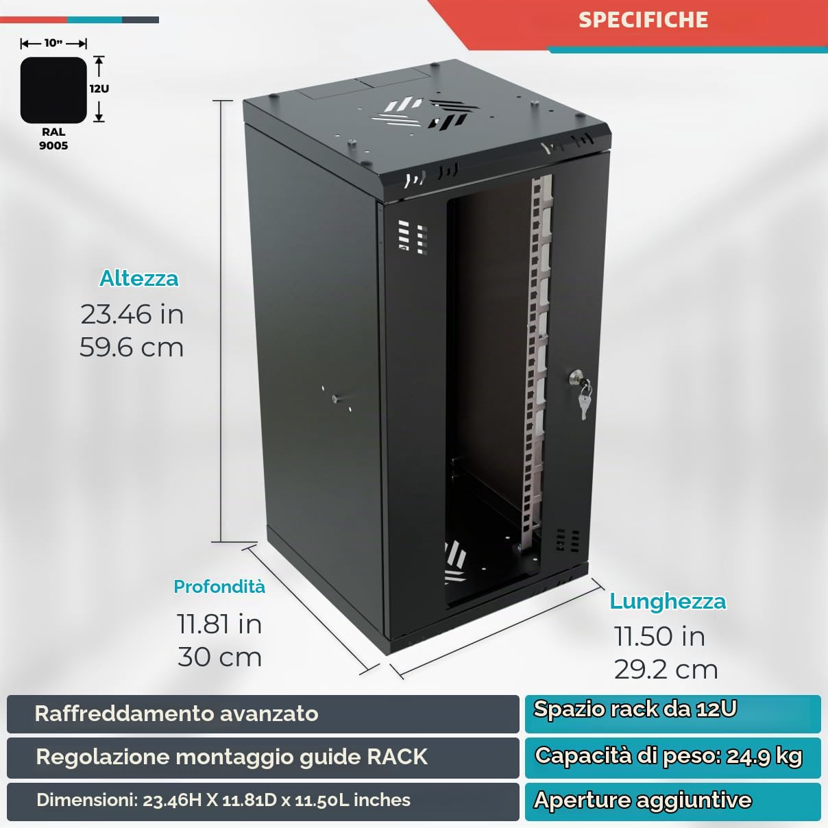 Armadio di Rete 10 Pollici - Armadio Rack 12U - Server Rack per Montaggio a Parete - Capacità di Carico 25 kg - Rack 10 Pollici Verso la sala Server, l'ufficio - Nero