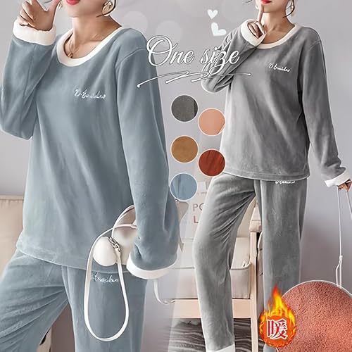 ROKUA 襟リブ パジャマ レディース 冬用 上下セット ブルー