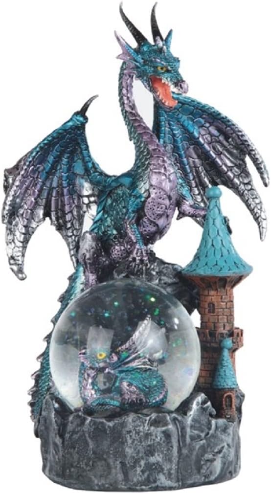 ICE ARMOR 8" H Blue and Purple Dragon on Castle with Baby Dragon Snow Globe Statue Fantasy Decoration Figurine
