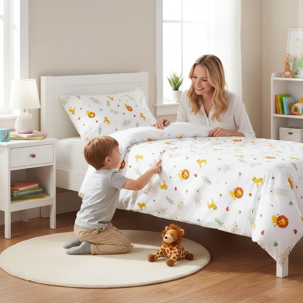 various Parure de Lit Bébé 100 x 135 cm, Motif Leo | Taie 40 x 60 cm,100 % Coton avec Fermeture Éclair, pour Lit 60 x 120 cm