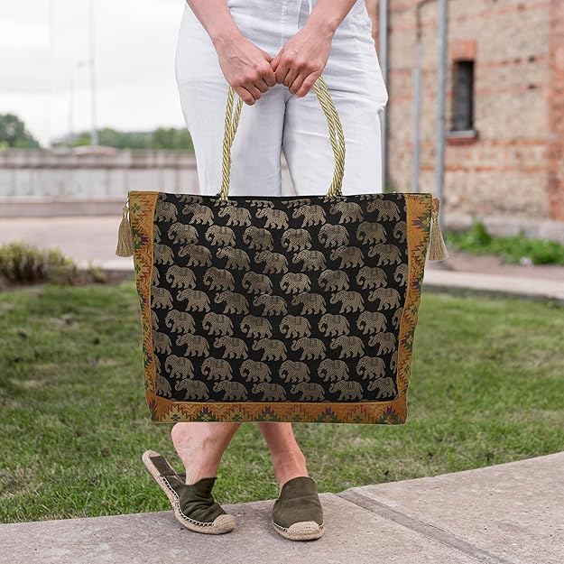 Image of Hand Purse | Traditional Hand Purse | Silk Wallet Hand Bag | Shagun HandPurse | Gifts HandBag | Golden Handle Tote Handbag | Brocade Shoulder Bag | 16 INCH