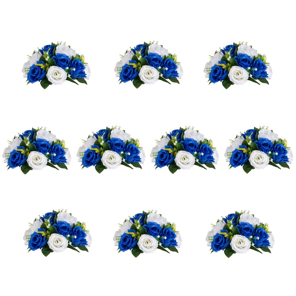 Inweder Wedding Flower Balls for Centerpieces - 10 Pcs Artificial Flower Ball Arrangement Bouquet, Fake Flowers Rose Balls for Weddings, Birthday Party, Valentine's Day, Home Decor, Royal Blue White