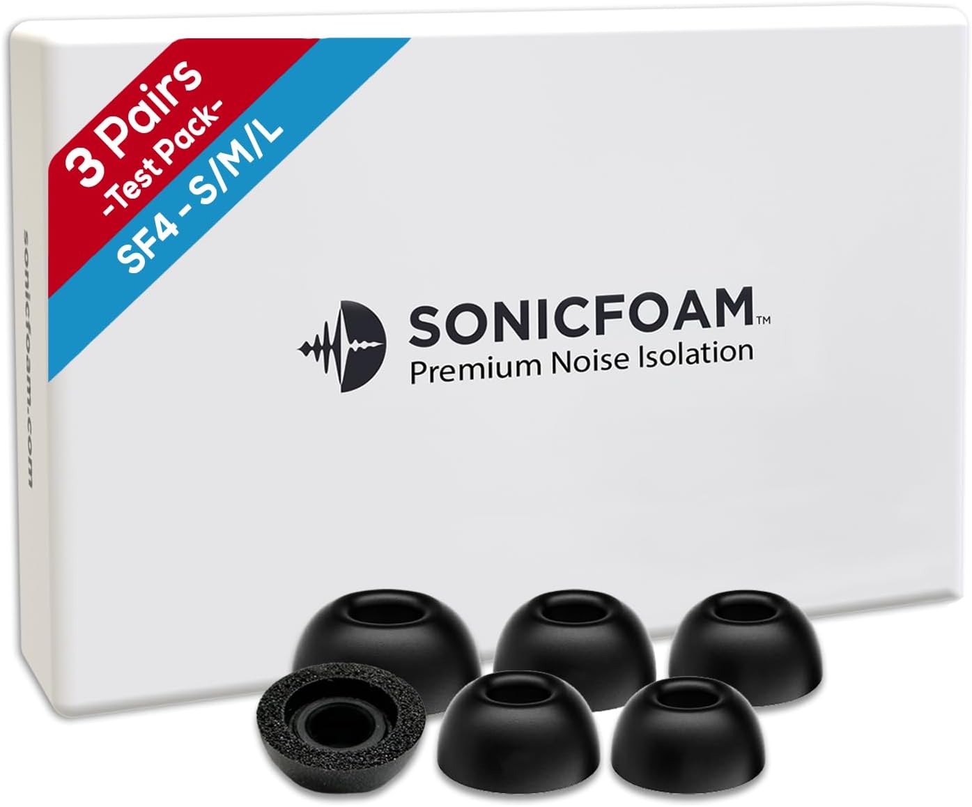 SONICFOAM (SF4 Small/Medium/Large Black) Memory Foam Earbud Tips for Earbuds with Speaker Diameter 4.4-5.7mm - (6 Pack / 3 Pairs) - Fits most charging cases