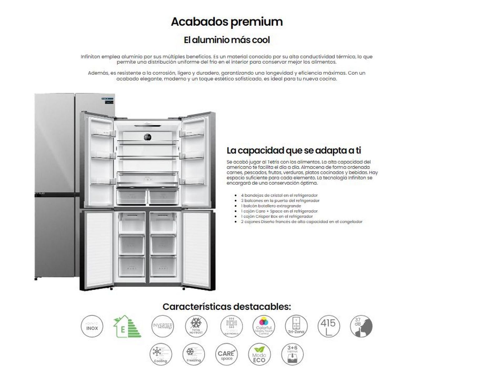INFINITON Frigorifico Americano AMCB-415CD82XET, 415 Litros, 182 cm de Altura, Inverter Technology, No Frost Total, Fast Cooling, Fast Freezing, Tecnología Care + space, E, Inox