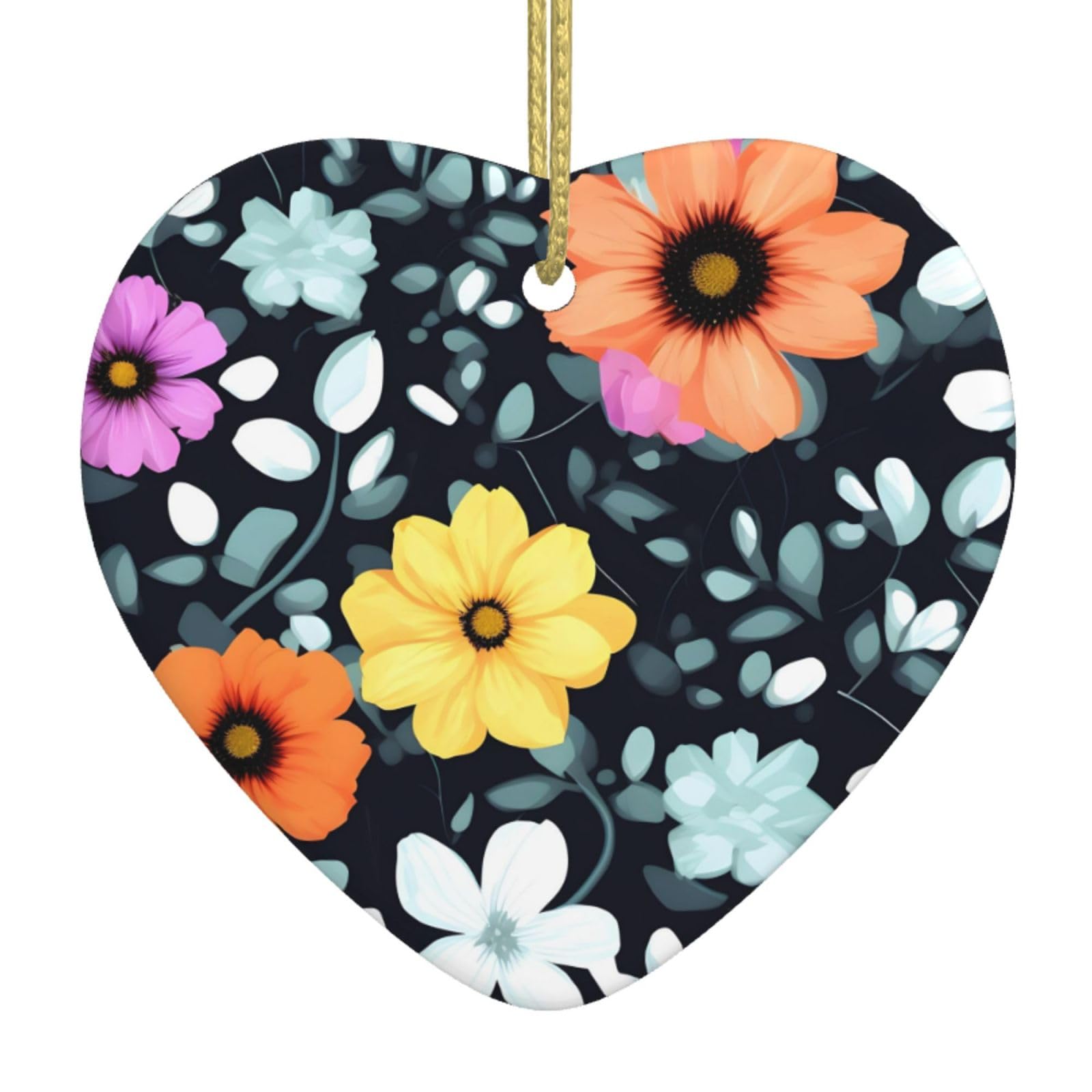 Beautiful Colourful Flowers Ceramic Christmas Heart Pendant with Silk Thread, Christmas Tree Home Decoration