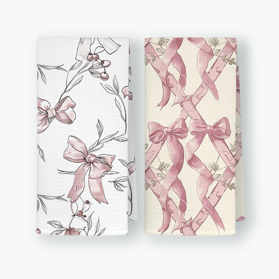 Juego de 2 toallas de cocina con lazo rosa vintage, toallas de mano retro chic para baño, decoración de cocina de coqueta rosa femenina, lindo paño
