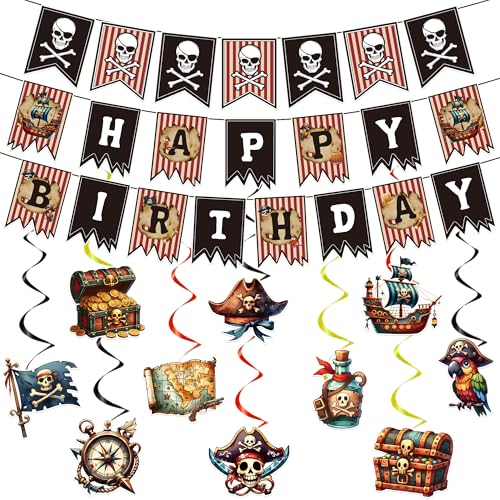 VorkiVecKi Pirate Birthday Party Decorations - 13 Pcs Black Skull Hanging Swirls Sets Red Nautical Ceiling Banner Decor for Happy Captain Sailing Wall Streamer Supplies Sea Flag Backdrop