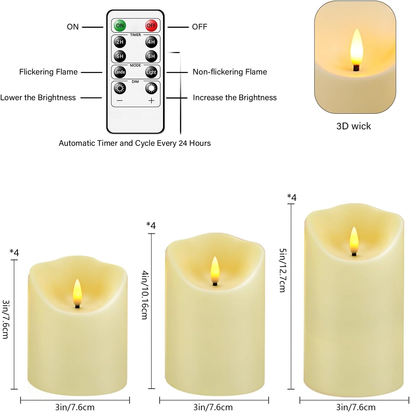 Flameless LED Candles Battery Operated with Remote and Timer,Flickering Electric Fake Plastic Pillar Candles Set of 12(D3 x H 3" 4" 5") Ivory - Image 5
