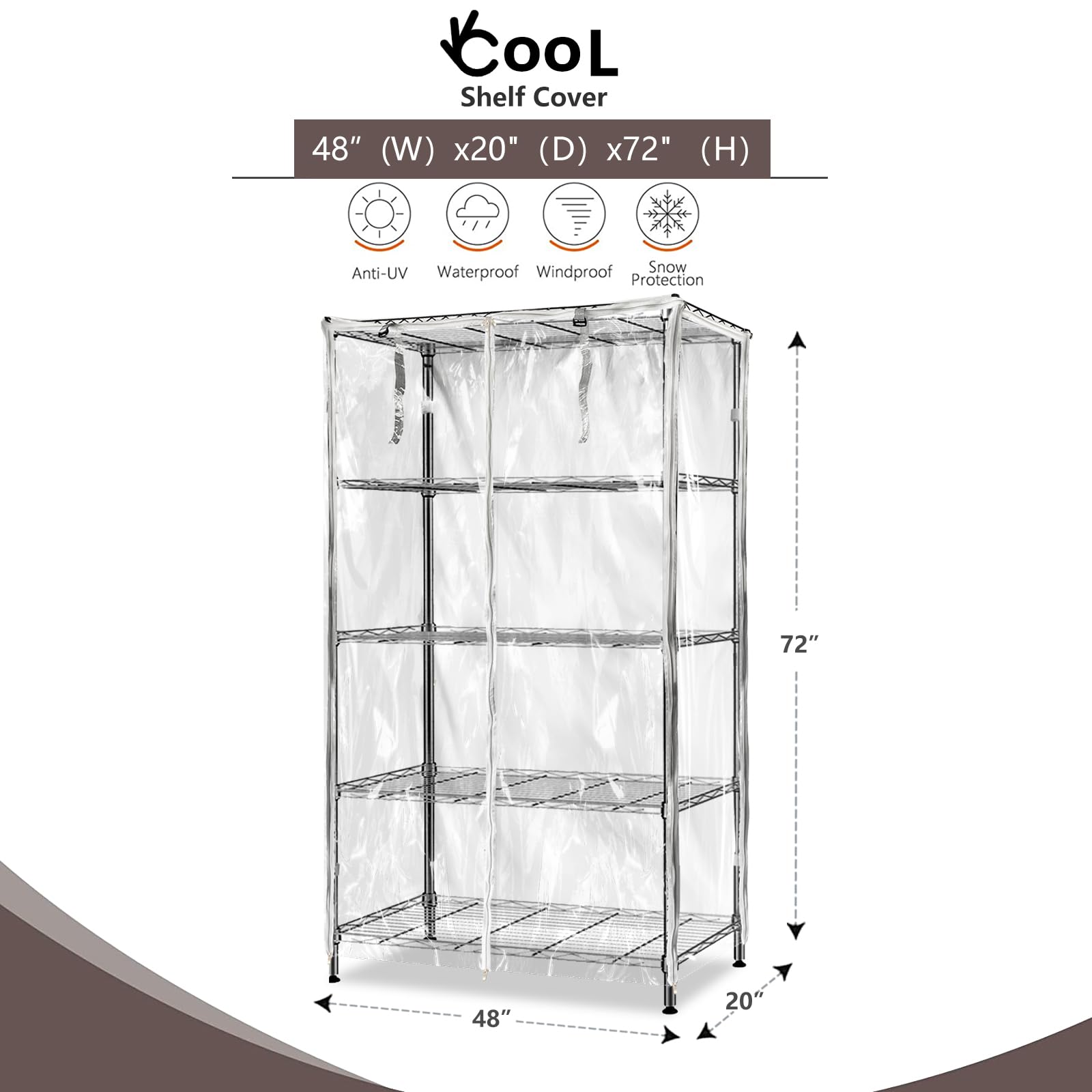 okcool Wasserdichte Regalabdeckung, transparente Drahtregalabdeckung mit Reißverschluss, transparentes PVC, klar sichtbar. (Passend für Regale mit den Maßen 121,9 cm B x 50,8 cm T x 183,9 cm H)
