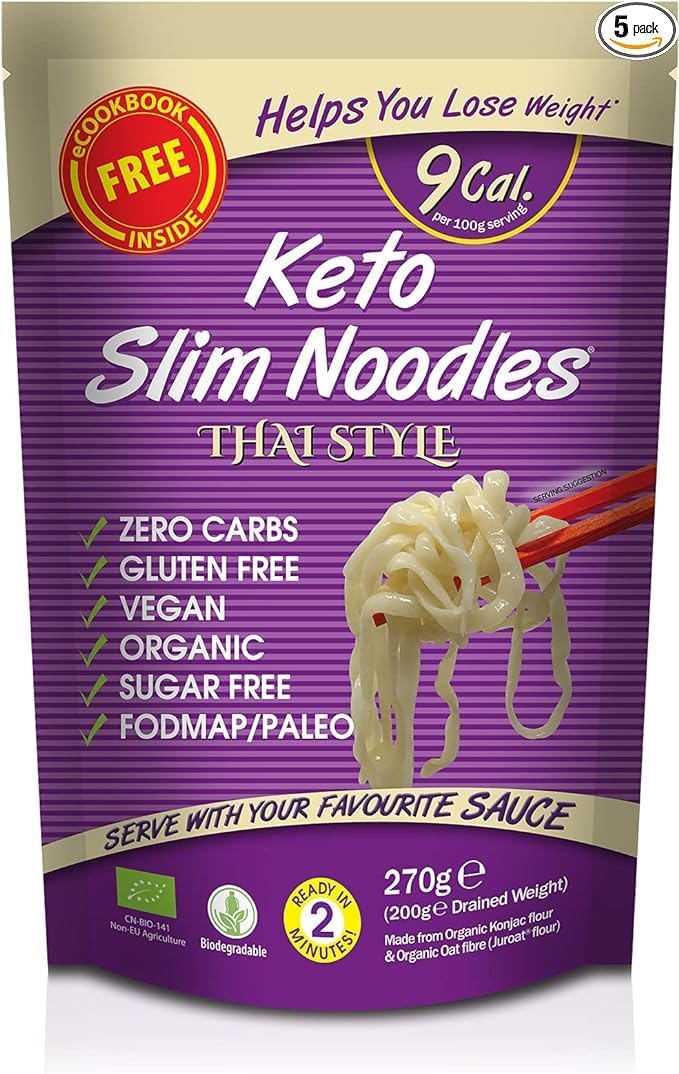 Keto Slim Thai Style Shirataki Noodles (Pack of 5 x 270g) Organic Konjac Flour & Oats, Zero Carb, Low Calorie, Gluten, Fat & Sugar Free, Vegan High Fibre Ready to Eat, Paleo Diet Friendly