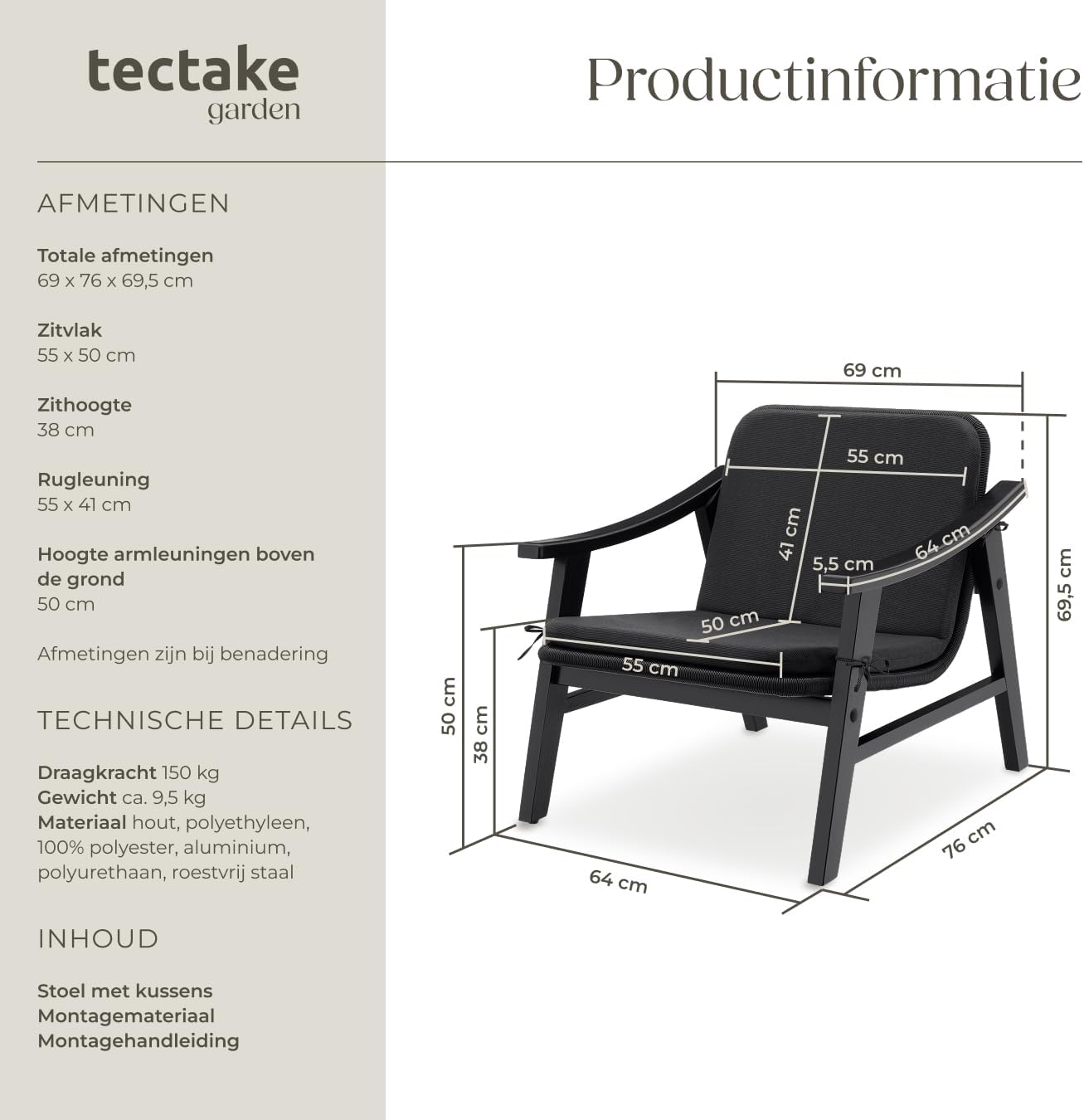 Diagram showing the dimensions and components of the TecTake Garden Armchair.
