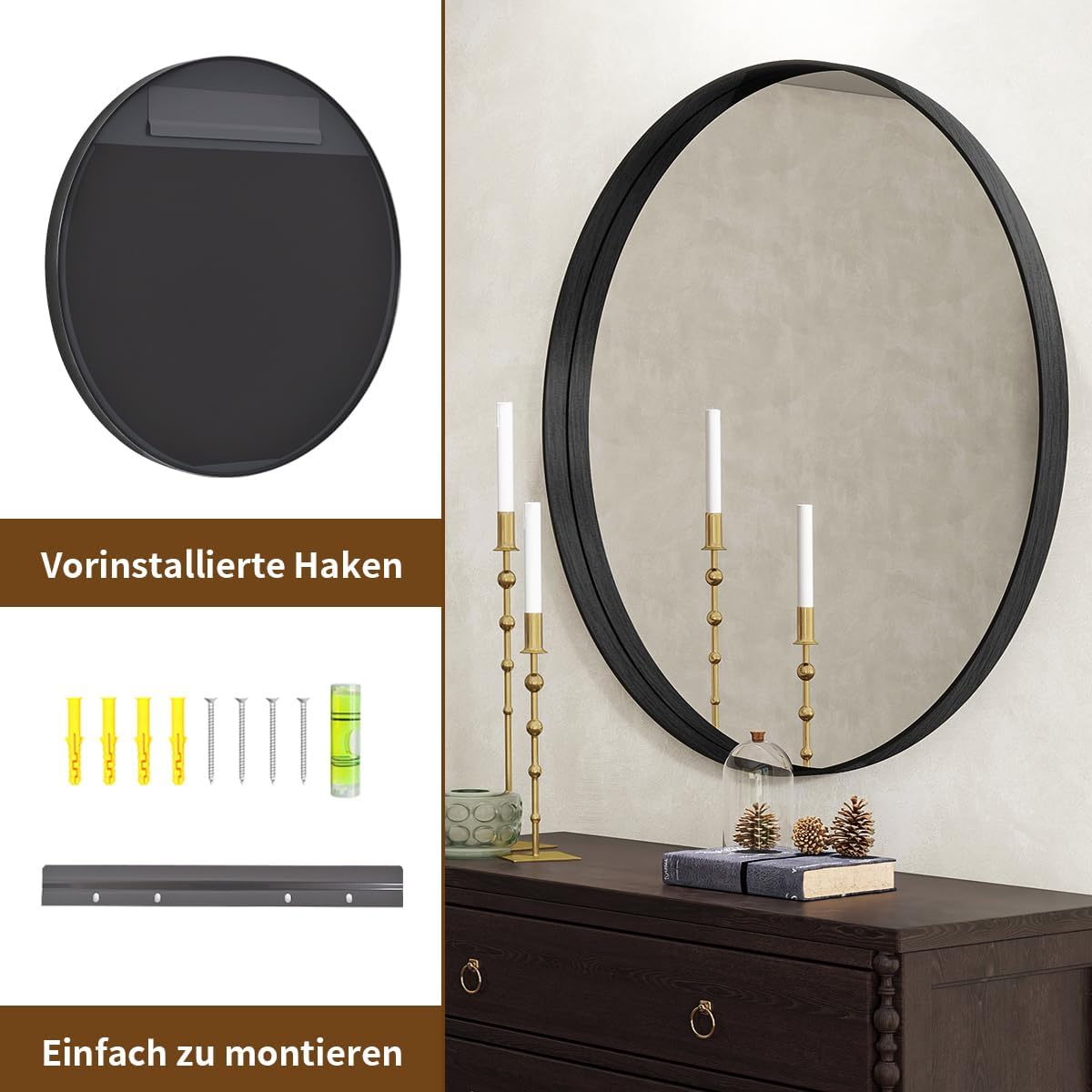 Koonmi runder Wandspiegel 120 cm, tiefer Metallrahmen, Schwarz | Badspiegel mit gebürstetem Rahmen für Badezimmer, Wohnzimmer und Eingangsbereich, markantes Tiefenprofil