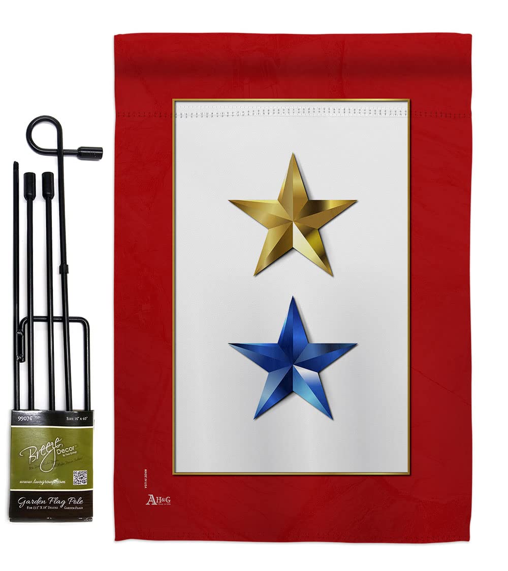 Gold Blue Stars Garden Flag - Set with Stand Armed Forces Military Service All Branches Support Honor United State American Veteran - House Banner Small Yard Gift Double-Sided 13 X 18.5