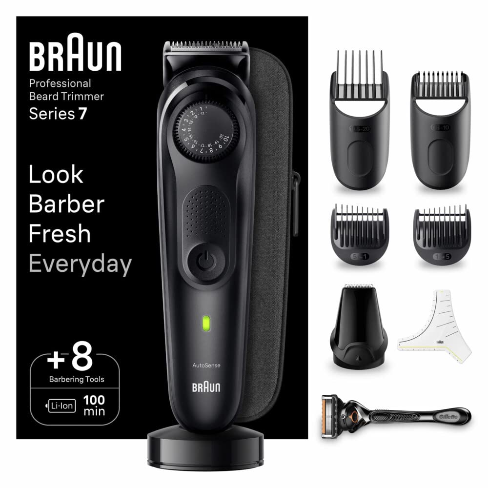Braun BT7440 Recortadora de barba y pelo profesional para hombres, con 40 ajustes, estación de carga, estuche de viaje, plantilla para barba, 100 min de autonomía sin cable, impermeable