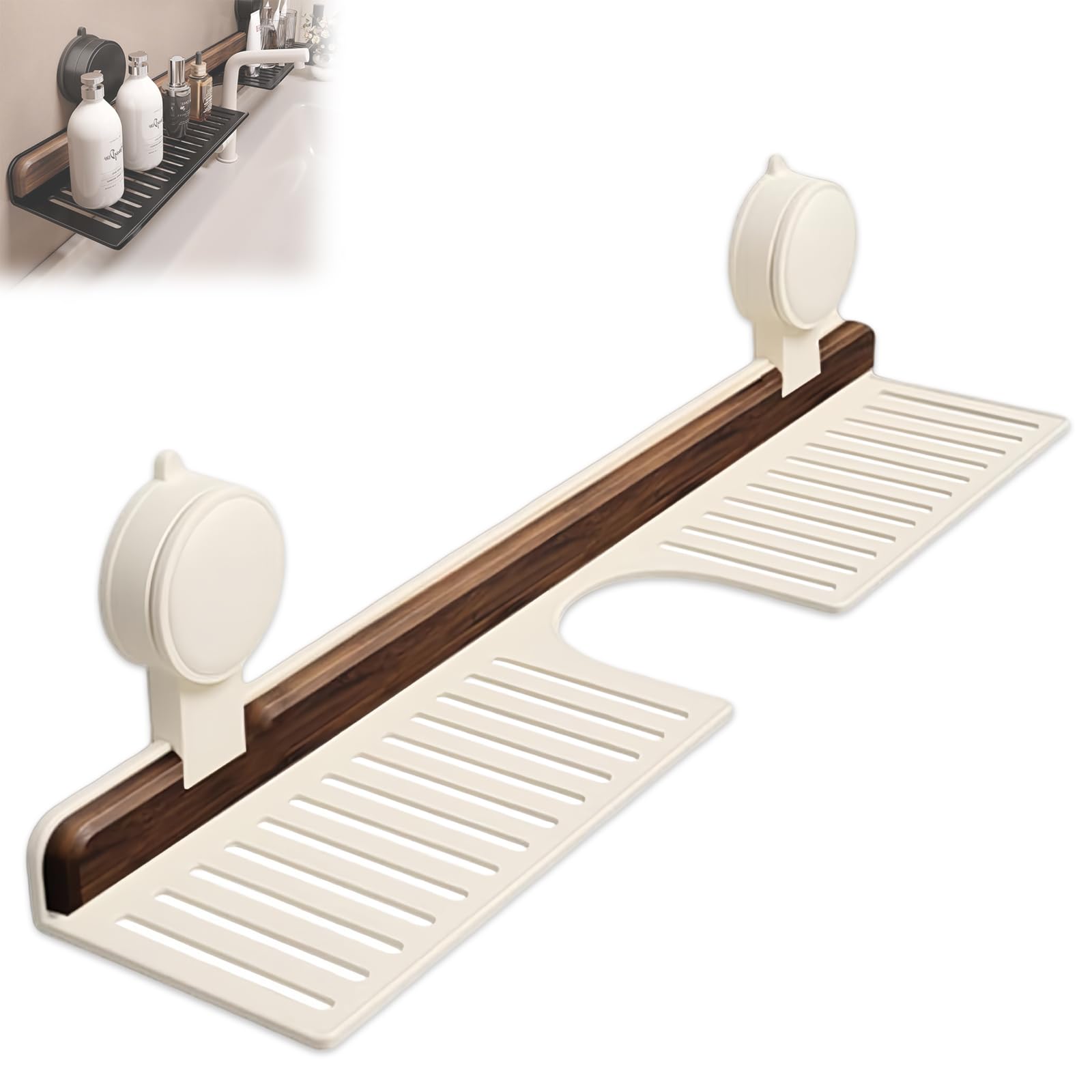 YUANCHUTOP Wall Mounted Walnut Bathroom Shelf, No Drill Floating Storage for Kitchen & Bathroom, Over Faucet Sink Rack, Suction Cup Shower Basket (White, 40 cm)