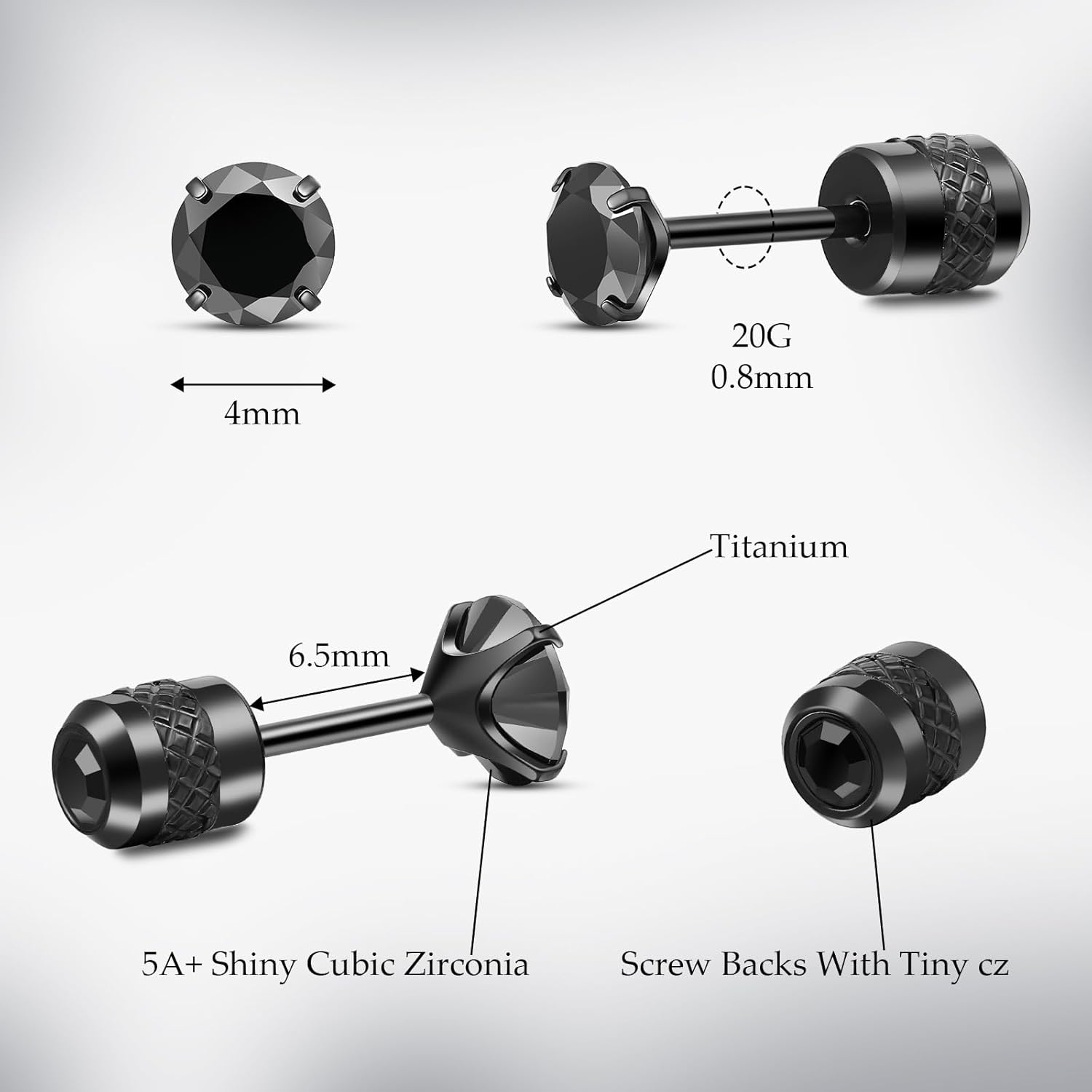 Limerencia G23 Titanium Screw Back Earrings, 20G F136 Implant Grade Pure Titanium Earrings for Women Men, 5A Cubic Zirconia 3 4 5 6 7 mm Hypoallergenic Cartilage Earring Studs - Image 6
