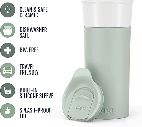 Miniatura 3 de Ello Ogden - Taza de viaje de cerámica de 16 onzas con tapa deslizante resistente a salpicaduras y funda protectora de silicona, perfecta para café