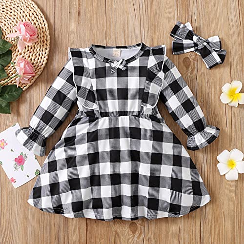 Toddler Baby Girl Christmas Dress Long Sleeve Ruffle Plaid Dress With Bow Decoration+Bow Headband 2Pcs Clothes Sets (Black-White A, 18-24 Months) #TOP1