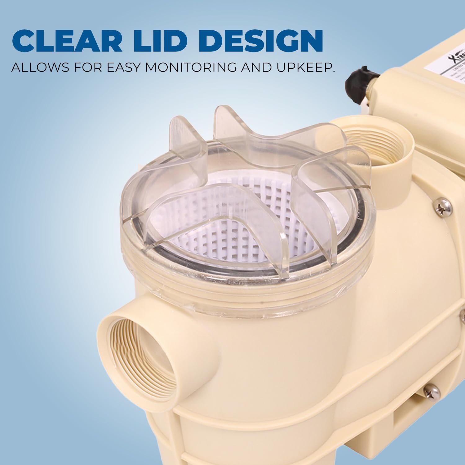 Close-up image of the pool pump's clear lid design, showing the strainer basket inside.
