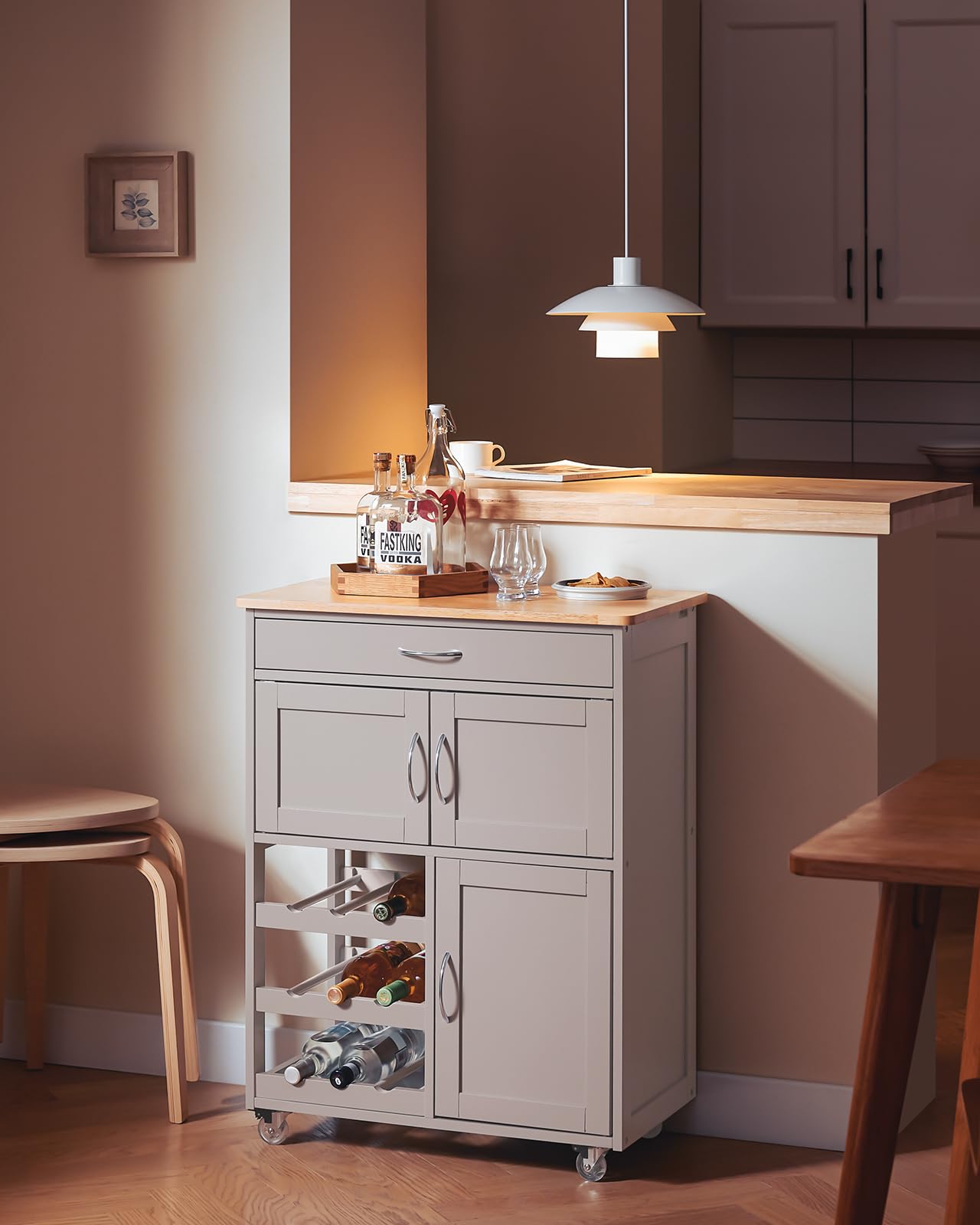 SoBuy Carrello Cucina con Ruote, Mobile Cucina Salvaspazio con Ruote, Mobiletto Cucina con Cassetti e Portabottiglie, Mobiletto Credenza Cucina per Cucina o Sala da Pranzo, Cachi 67x38x86cm FKW45-KA