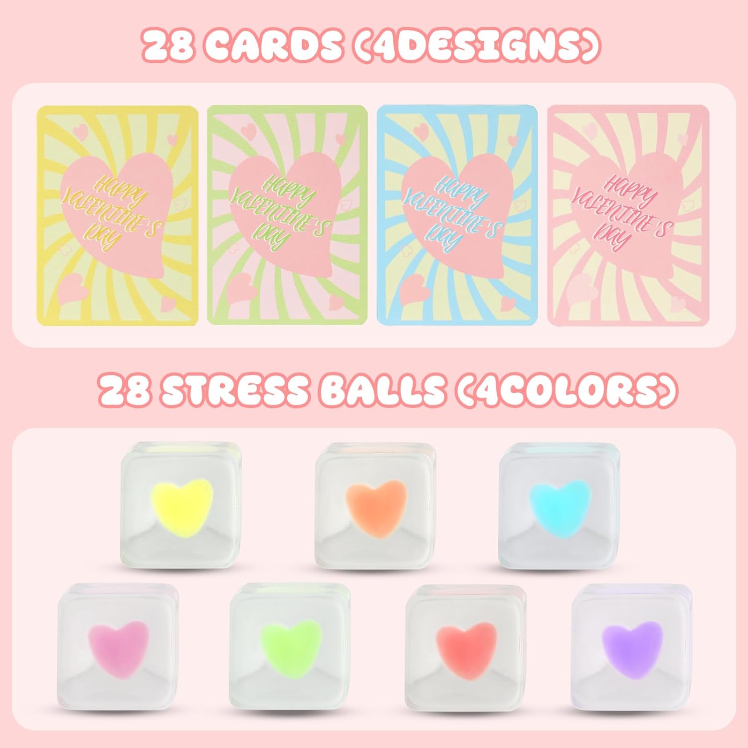 28 Pack Fiddet Squishy Stress Cubes with Hearts - Sensory Fidget Toys for Adults & Kids, Valentine's Day Card Gifts, Classroom Party Favors, Anxiety Relief Squeeze Toys