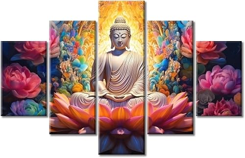 Rebotipy Large 5 Piece Canvas Wall Art Glowing Golden Buddha