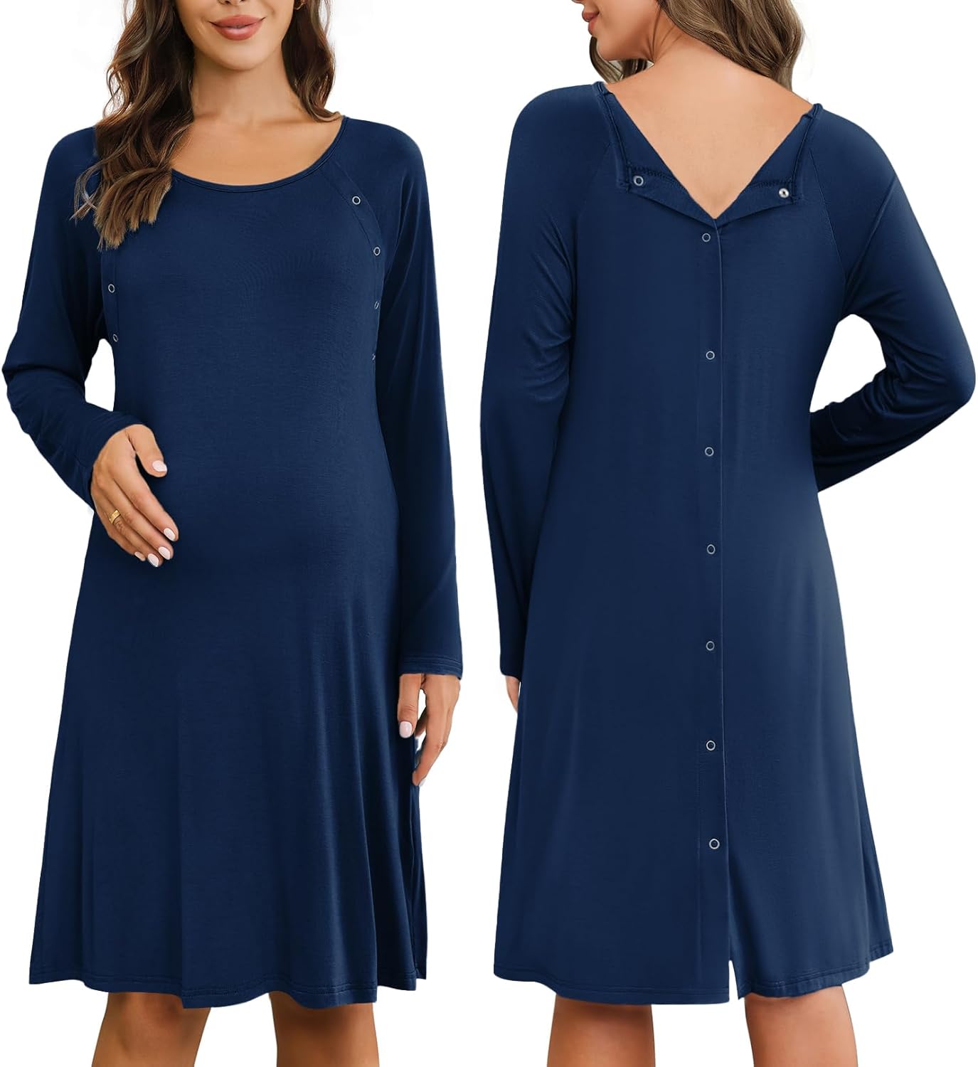 Ekouaer Women Maternity Nightgown Labor Delivery Nursing Gown Hospital Breastfeeding Dress Button Down Long Sleeve Sleepwear